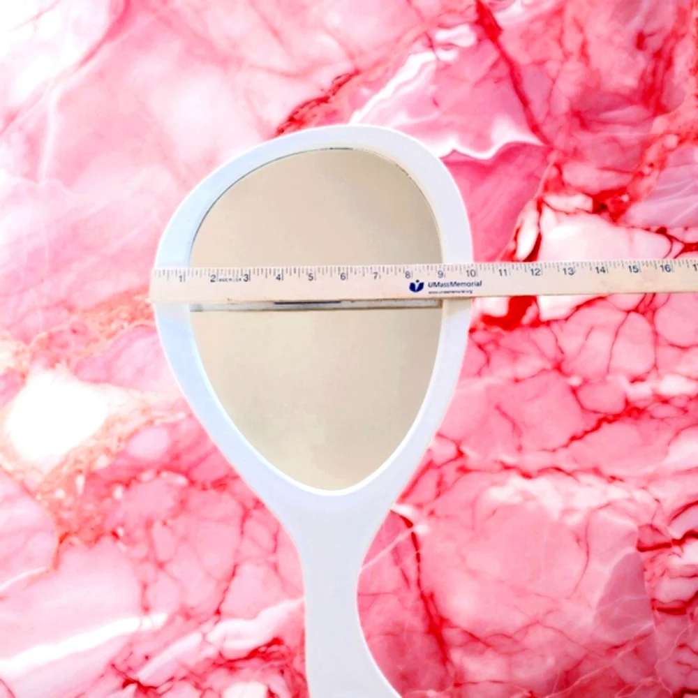 Oversized Vanity Mirror New in Box Contoured Handle White Plastic Frame